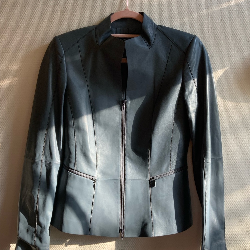 Lafayette 148 New York Women's Charcoal Blue Leather Jacket size 0/XS